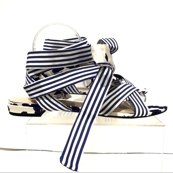 CAbi Tie Up Wrap Around Watercolor Stripe and Floral Sandals - Sz 10 - Picture 1 of 9